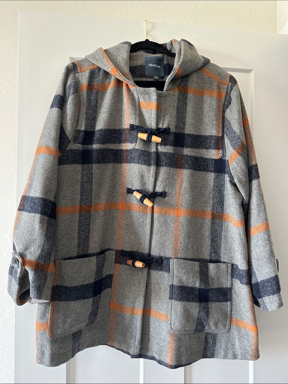 ModCloth Women’s Plaid Hooded Duffle Coat with Toggles